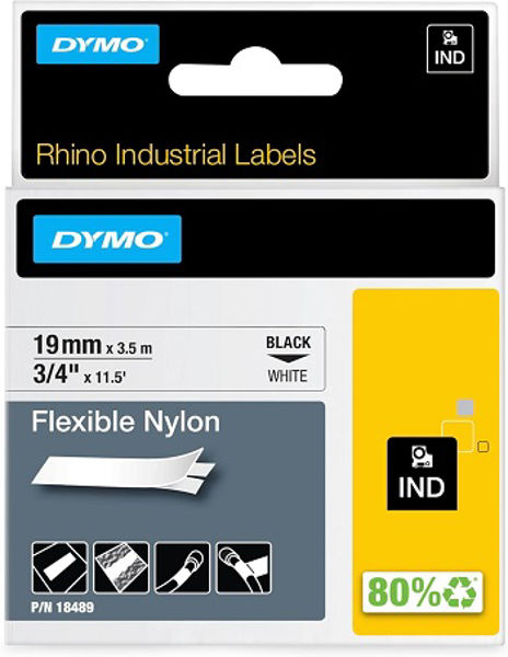 Picture of 19mm DYMO RHINO 18489 black on white flexible nylon